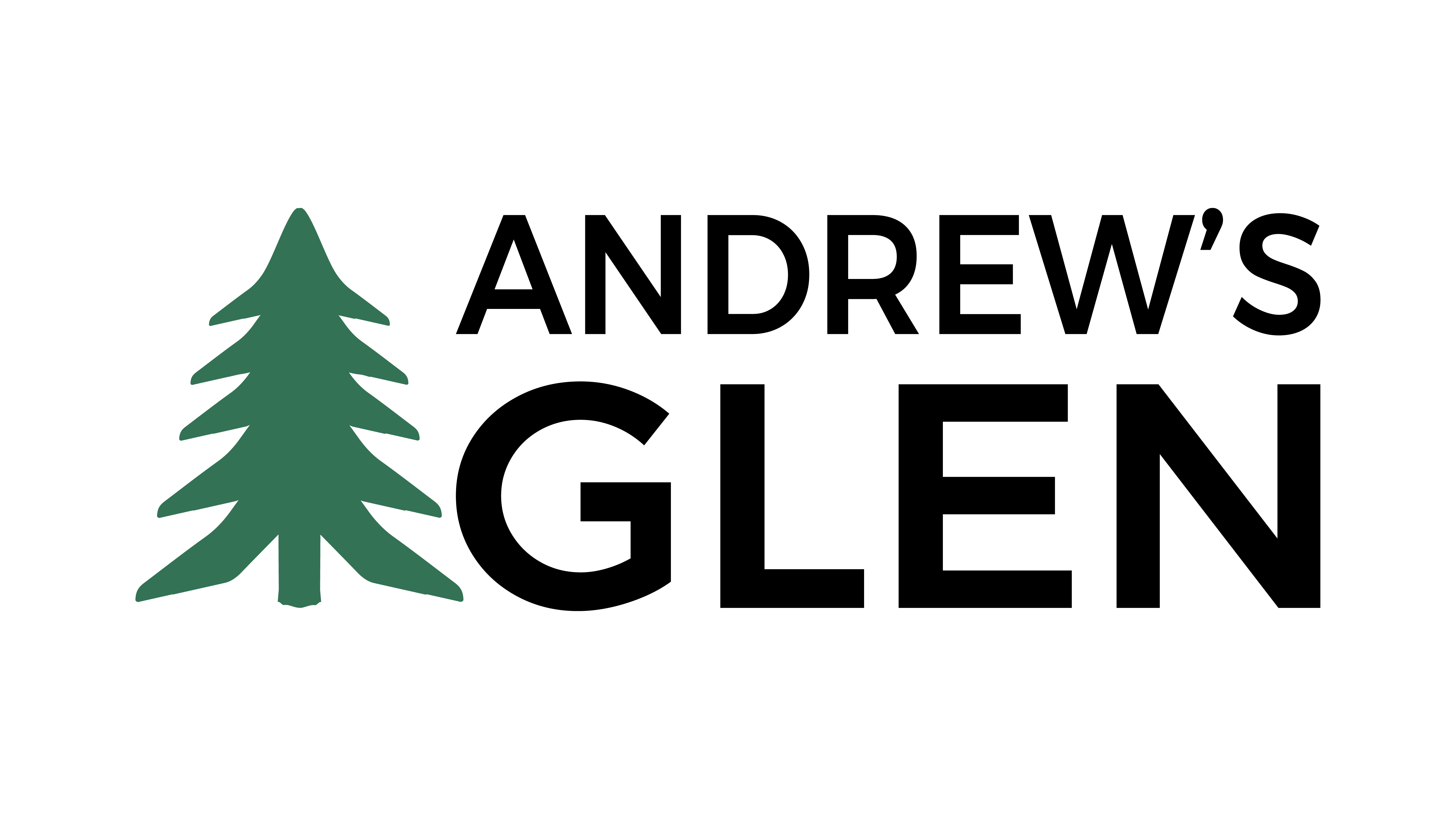 A green pine tree silhouette on a black background.
